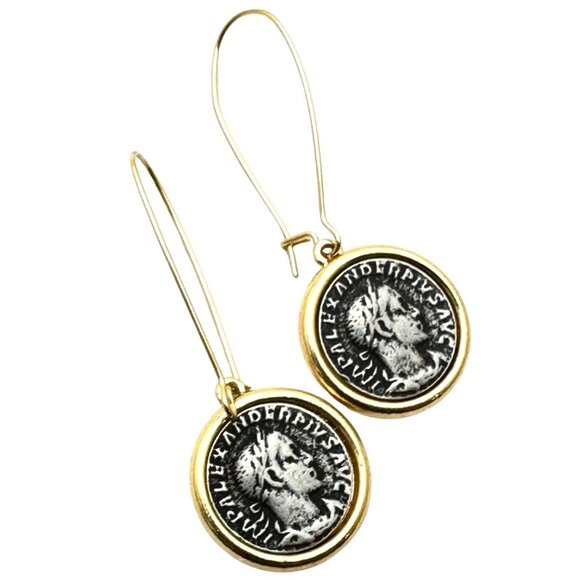 Vintage Ancient French Coin Pierced Earrings 2 Inch Silver & Gold Tone - Picture 2 of 4